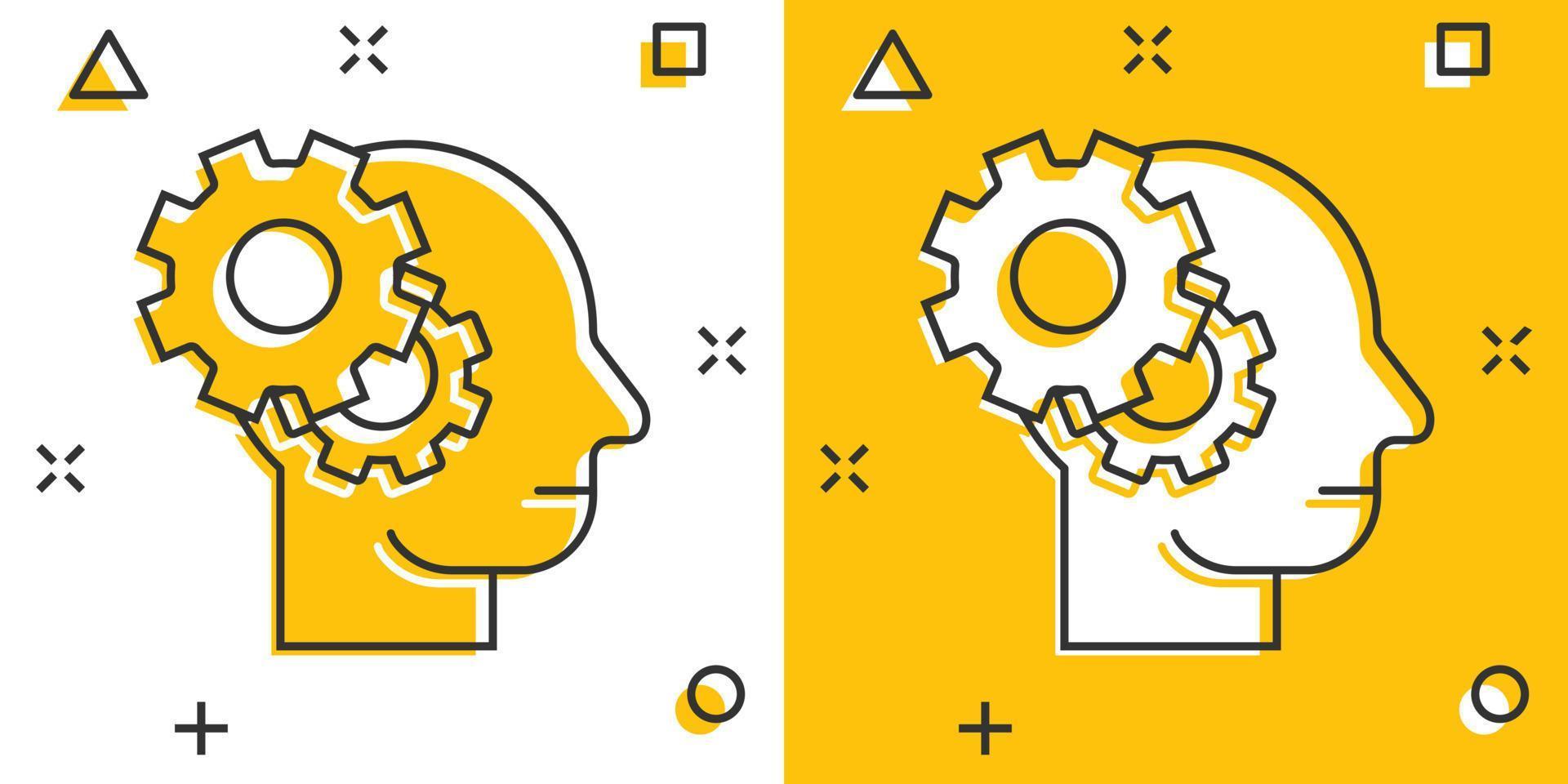 Human head with cogwheel icon in comic style. Technology progress cartoon vector illustration on white isolated background. Face and gear splash effect business concept.