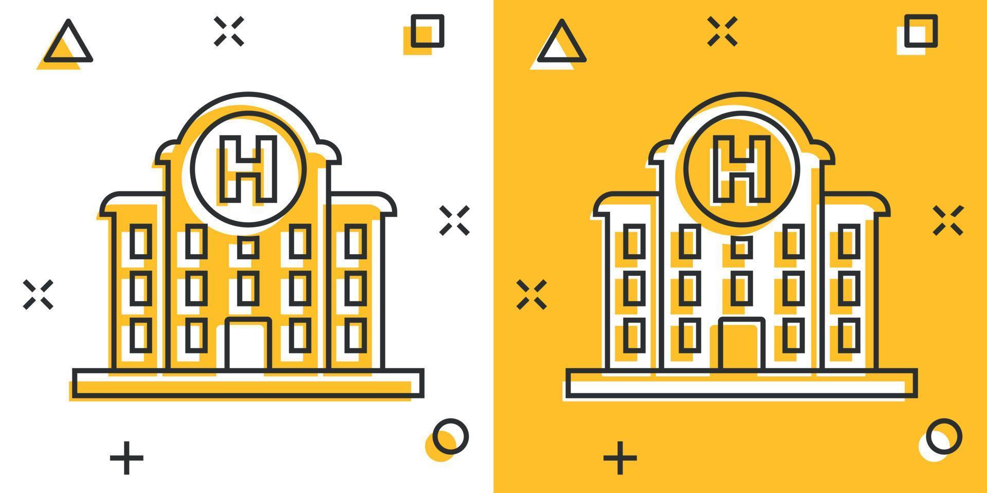 icono del edificio del hospital en estilo cómico. ilustración de vector de dibujos animados de clínica médica sobre fondo aislado. concepto de negocio de signo de efecto de salpicadura de medicina.