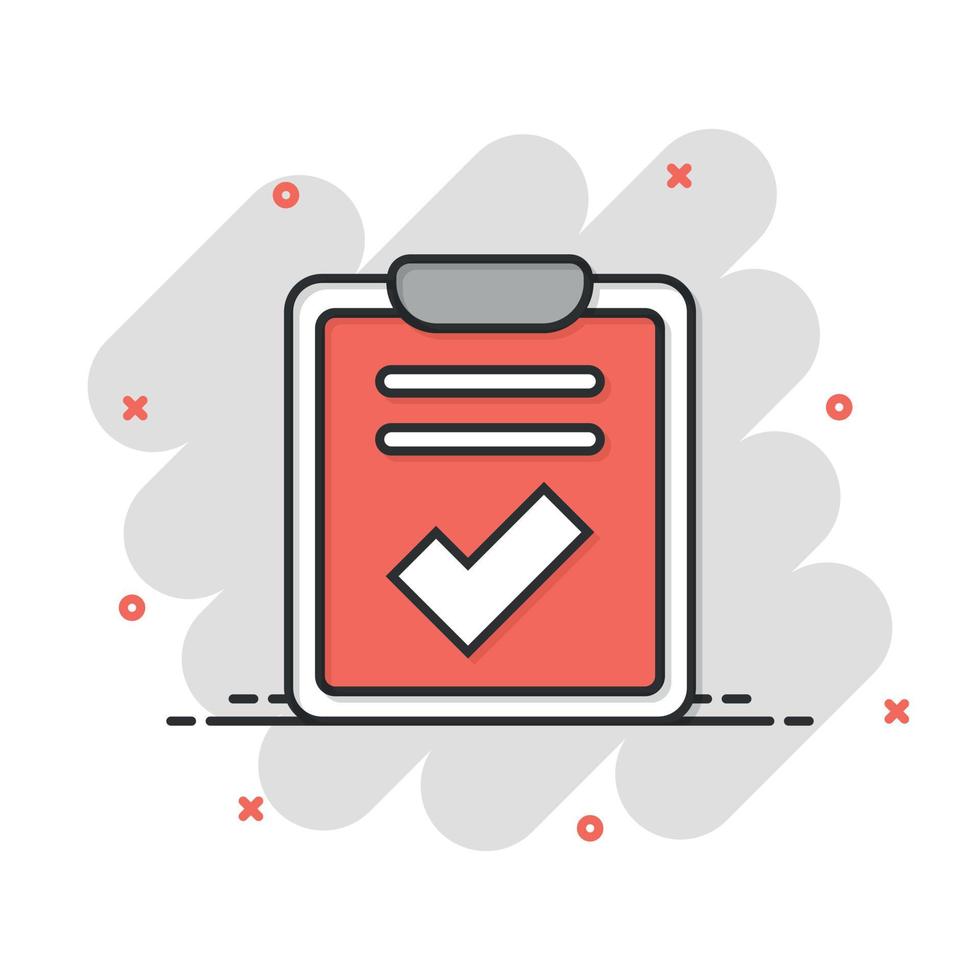 Document checklist icon in comic style. Report cartoon vector illustration on white isolated background. Paper sheet splash effect business concept.