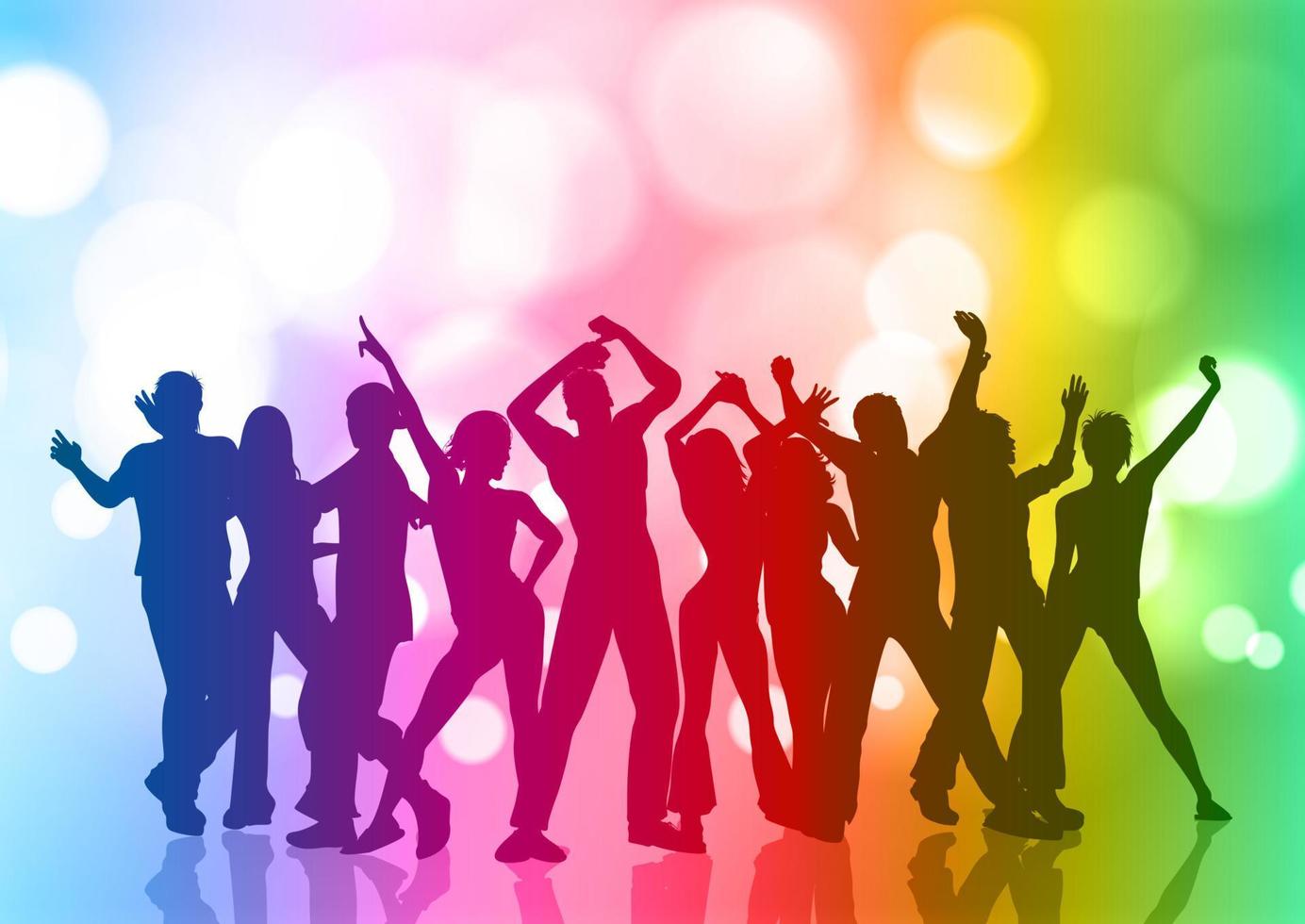 crowd of people dancing on rainbow bokeh lights background vector