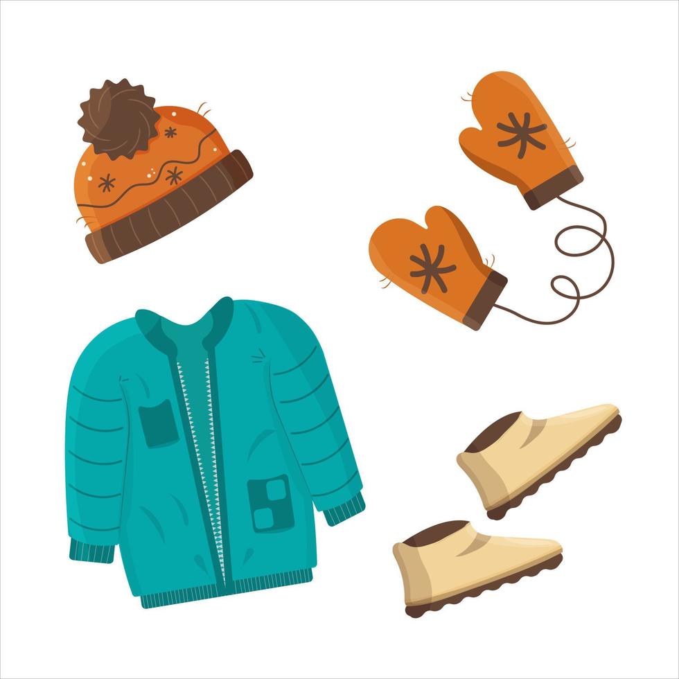 Clothes set winter and autumn. Jacket, orange mittens, cap, biege cropped boots. Vector illustration.