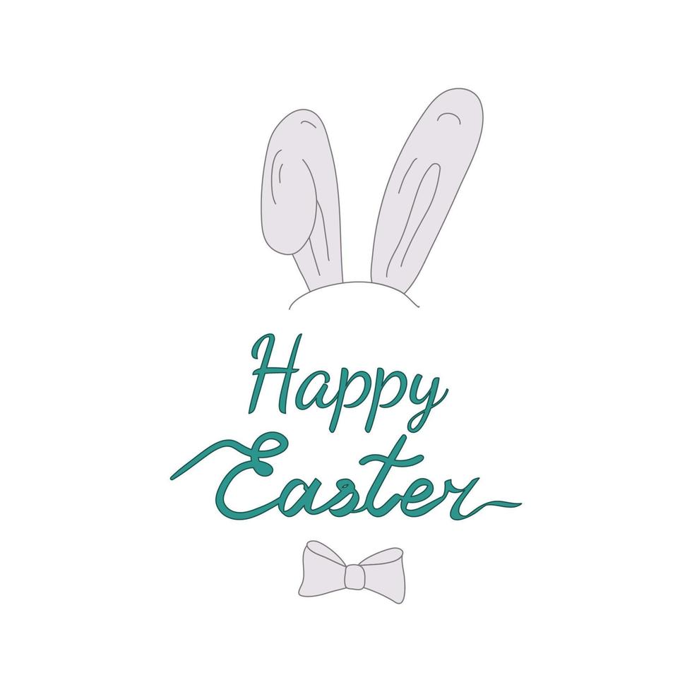 Happy easter greeting card with gray bunny ears, bow tie and green lettering. Vecrot illustration. vector