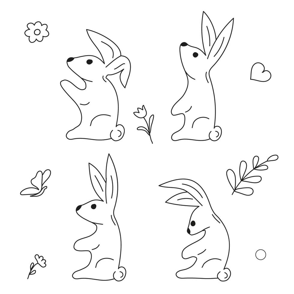 Coloring page bunnie. Different poses Rabbit Vector character illustration. Heart flower butterflies