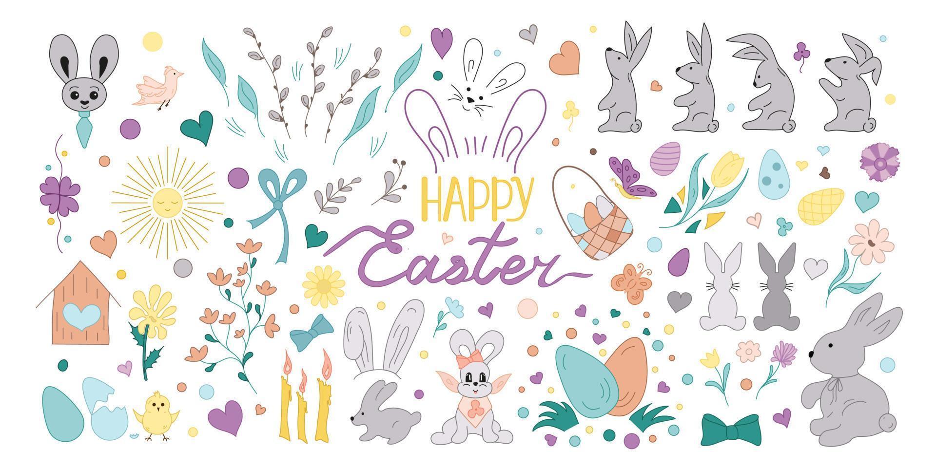 Set easter elements. Vector illustration. Hand drawn doodle style for card, poster, sticker, cover.