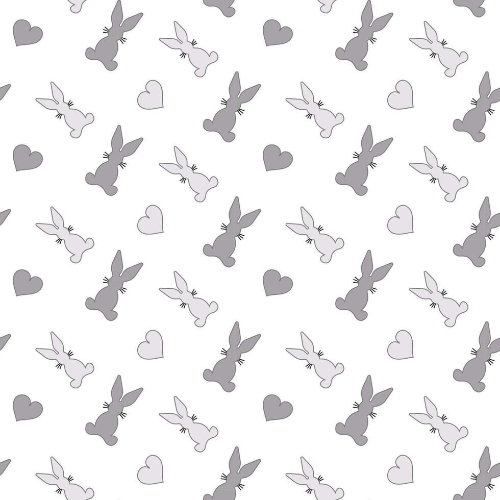 Seamless pattern with Rabbit and hearts. Gray vector illustration. Silhouette bunnys and hearts.