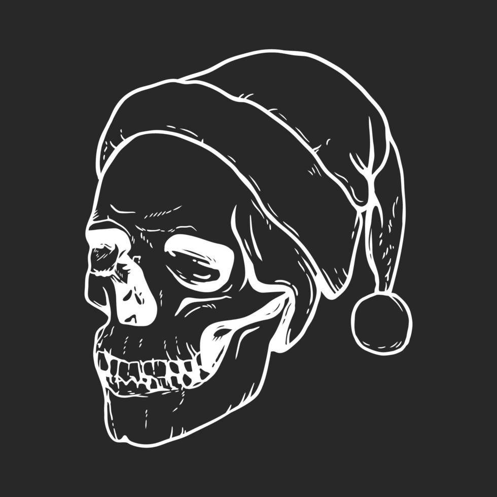 Hand drawn Santa Claus skull. Line art drawing on black background vector