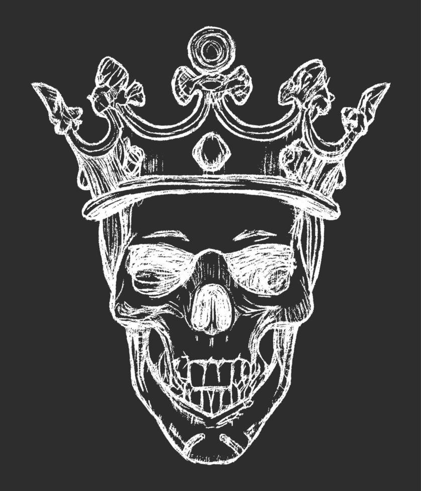 cráneo de rey dibujado a mano con corona. ilustración vectorial sobre fondo negro vector