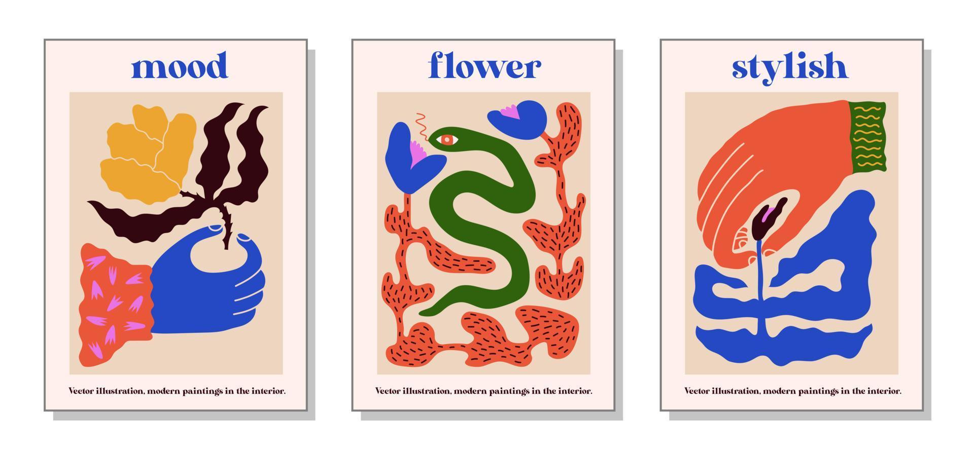 cuadros modernos para el interior con flores y una serpiente. estilo de dibujo coloridas ilustraciones de bodegones con flores, una serpiente por portada, cuadros. pintura de interiores vector