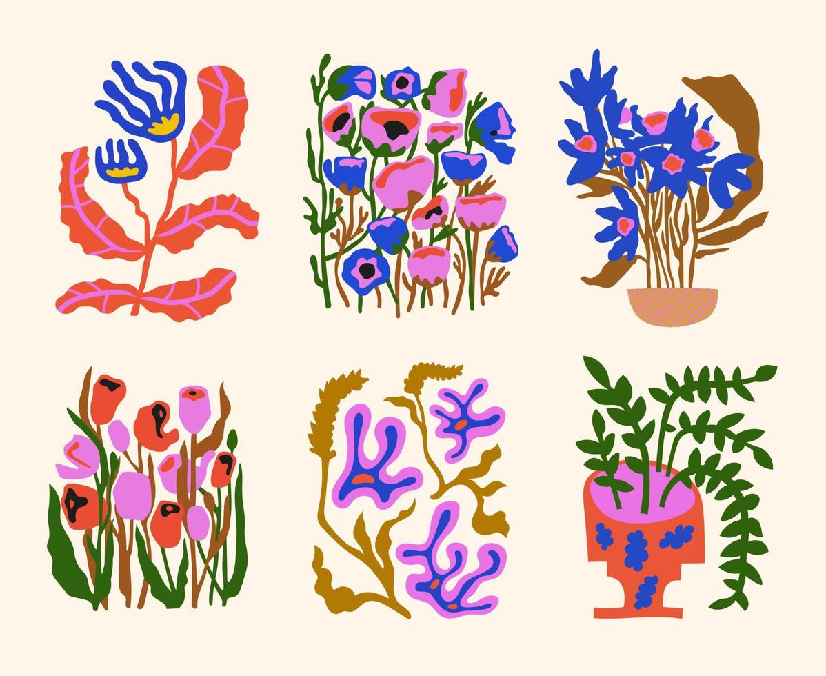 coloridas ilustraciones de bodegones con flores para portadas, cuadros. cuadros modernos para el interior. estilo de dibujo pintura de interiores diseño plano. ilustración vectorial de moda dibujada a mano. vector