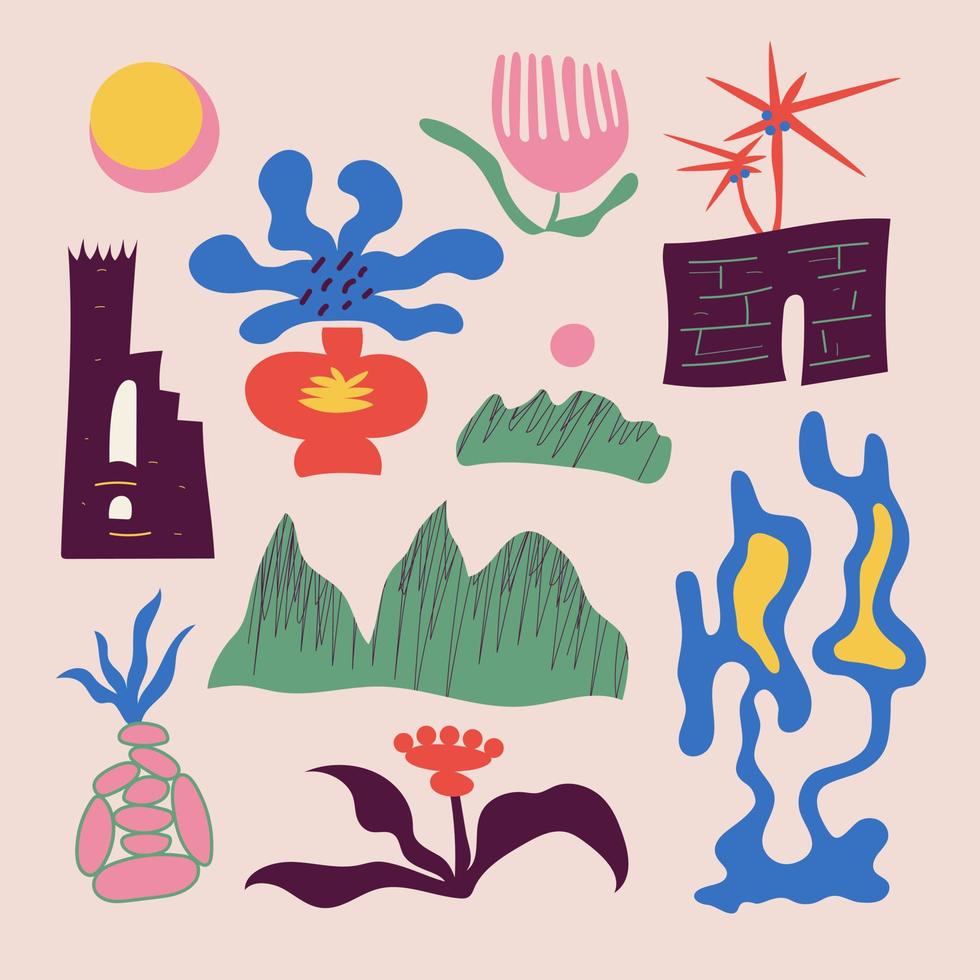 juego de pegatinas de viaje. plantas, palmeras, flores, montañas, sol, arquitectura. estilo de dibujo pegatinas de colores para las vacaciones. ilustración vectorial vector