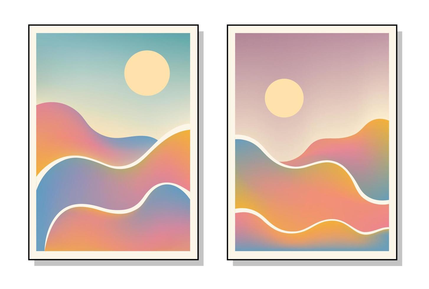 Set of three abstract art posters. Nature and sunset. Hand drawn various shapes and lines. Modern trendy vector illustration. Each background is isolated.
