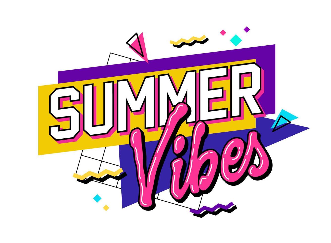 vibraciones de verano: imagen vibrante con letras inspiradas en los años 90 con la frase en colores vivos y llamativos. el fondo presenta formas geométricas. para web, impresión, moda vector