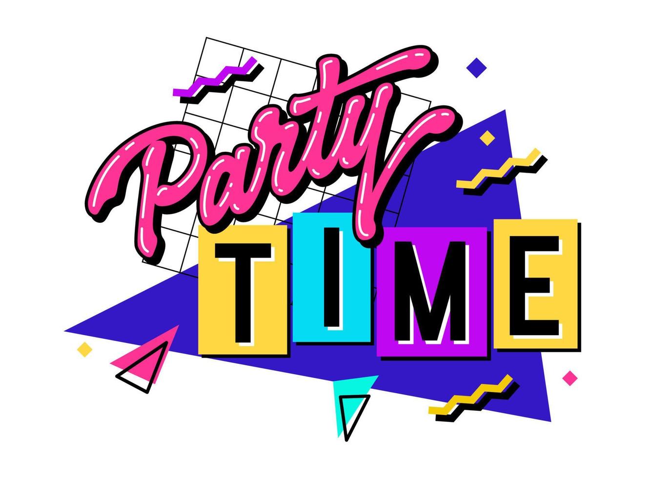 Vibrant image with a 90s-inspired lettering featuring the phrase - Party time - in bold, bright colors. The background features geometric shapes in a contrasting color palette. vector