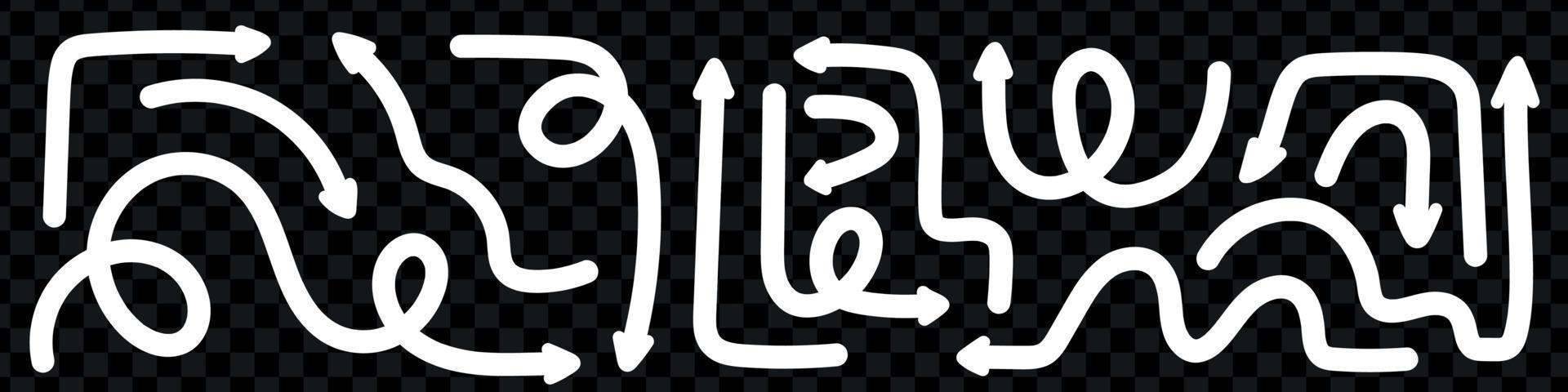 Dynamic arrows doodle set. Various playful arrow twist white line elements. Quirky design direction. Flat vector isolated illustration