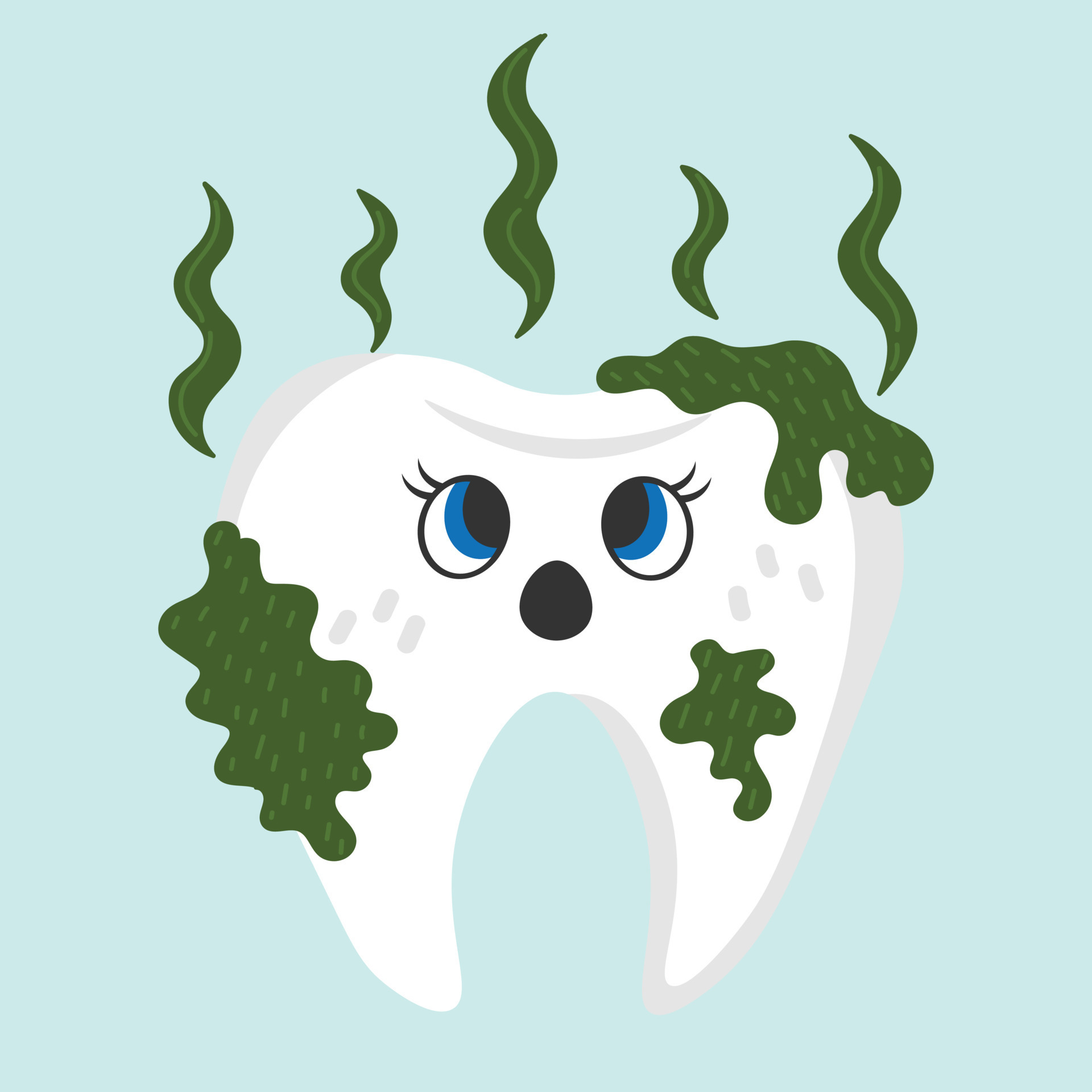 Vector doodle sticker. Cartoon dirty, uncleaned tooth. All objects are