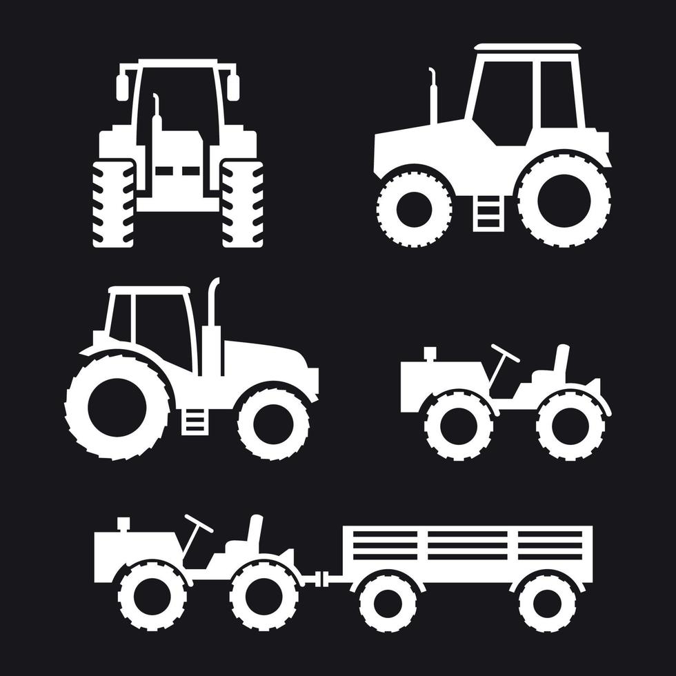 conjunto de iconos de tractor. blanco sobre un fondo negro vector