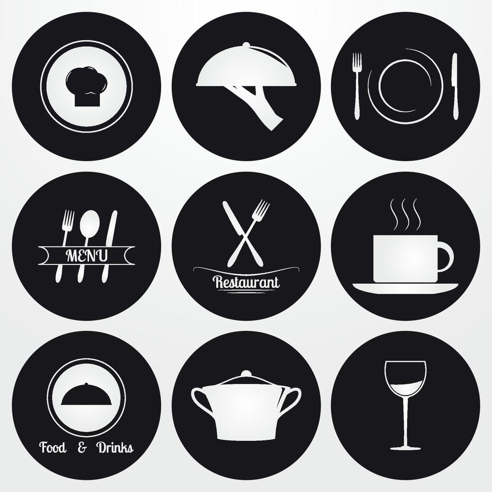 conjunto de iconos de restaurante. blanco sobre un fondo negro vector