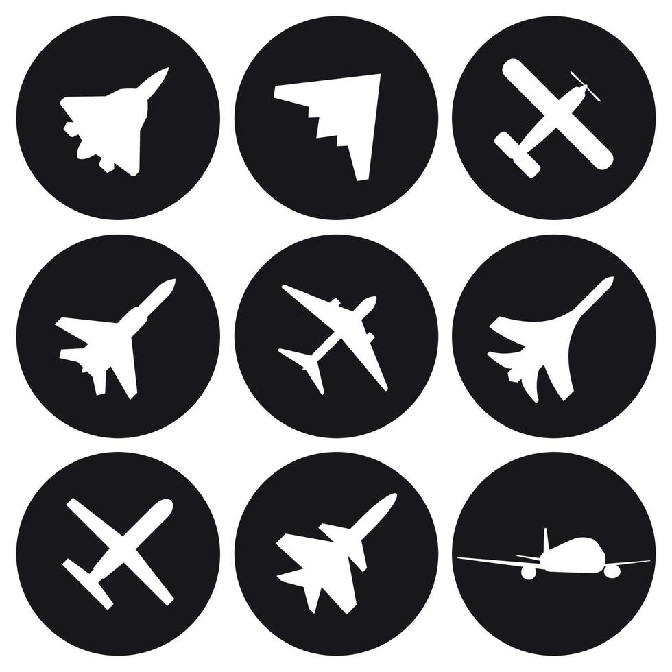 conjunto de iconos de aviones. blanco sobre un fondo negro vector