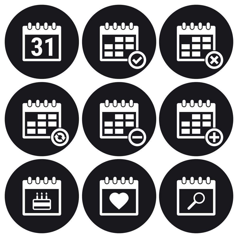 Calendar icons set. White on a black background vector