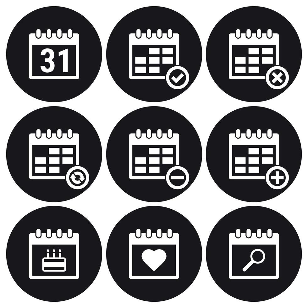 conjunto de iconos de calendario. blanco sobre un fondo negro vector