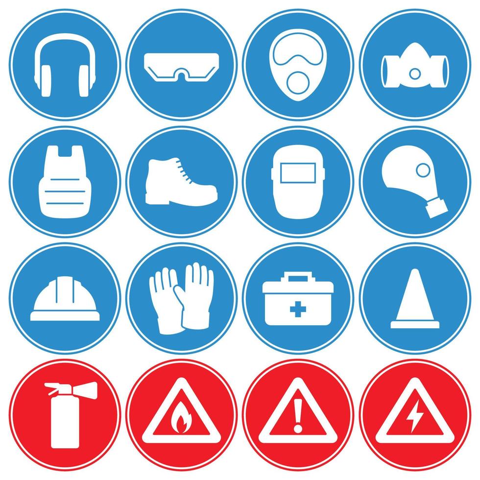 Work safety, protection equipment icons set. Blue and red icons vector