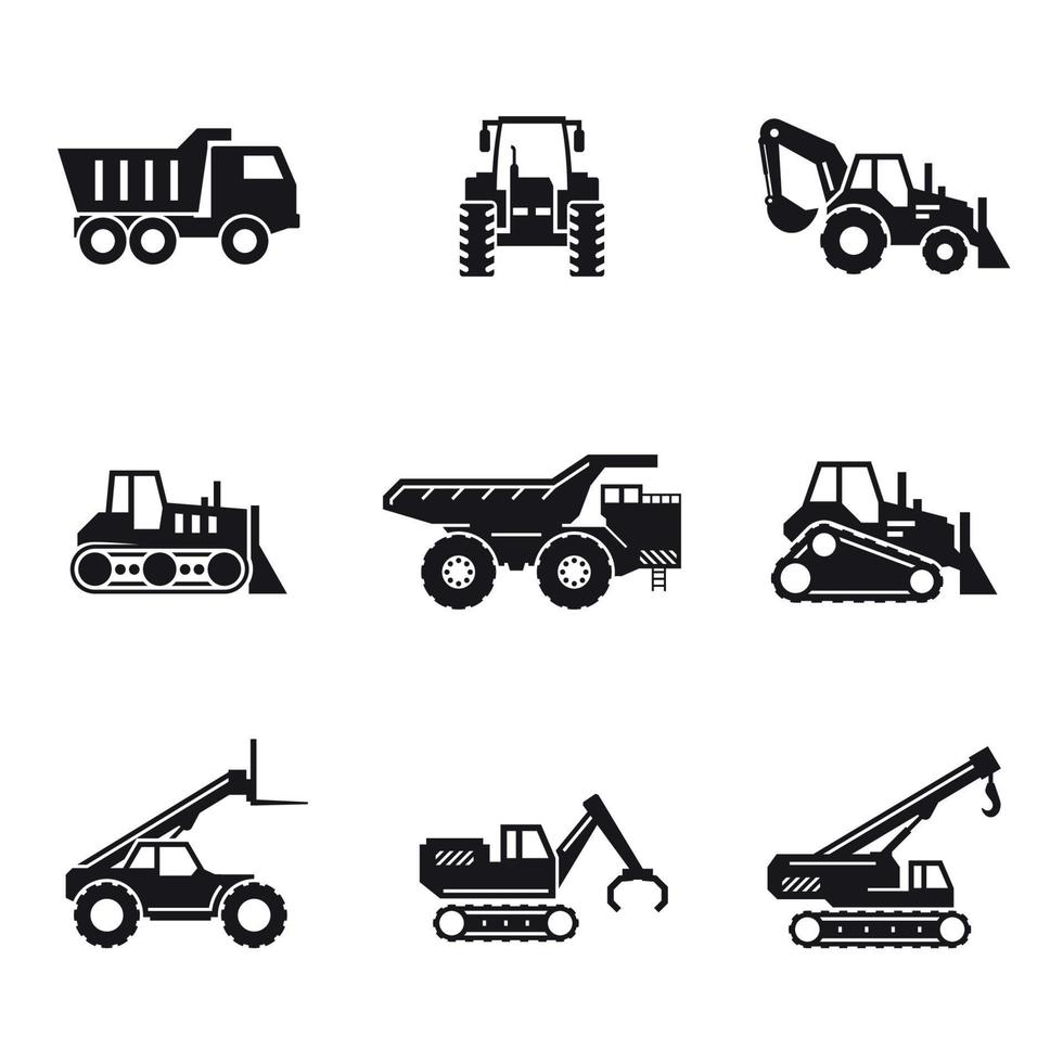 conjunto de iconos de transporte de construcción. Negro sobre un fondo blanco vector