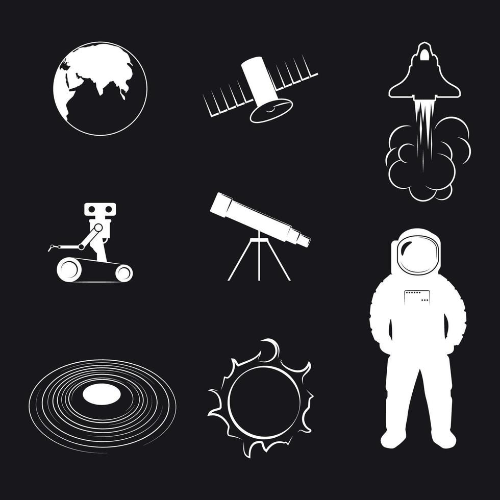 conjunto de iconos de astronáutica. blanco sobre un fondo negro vector