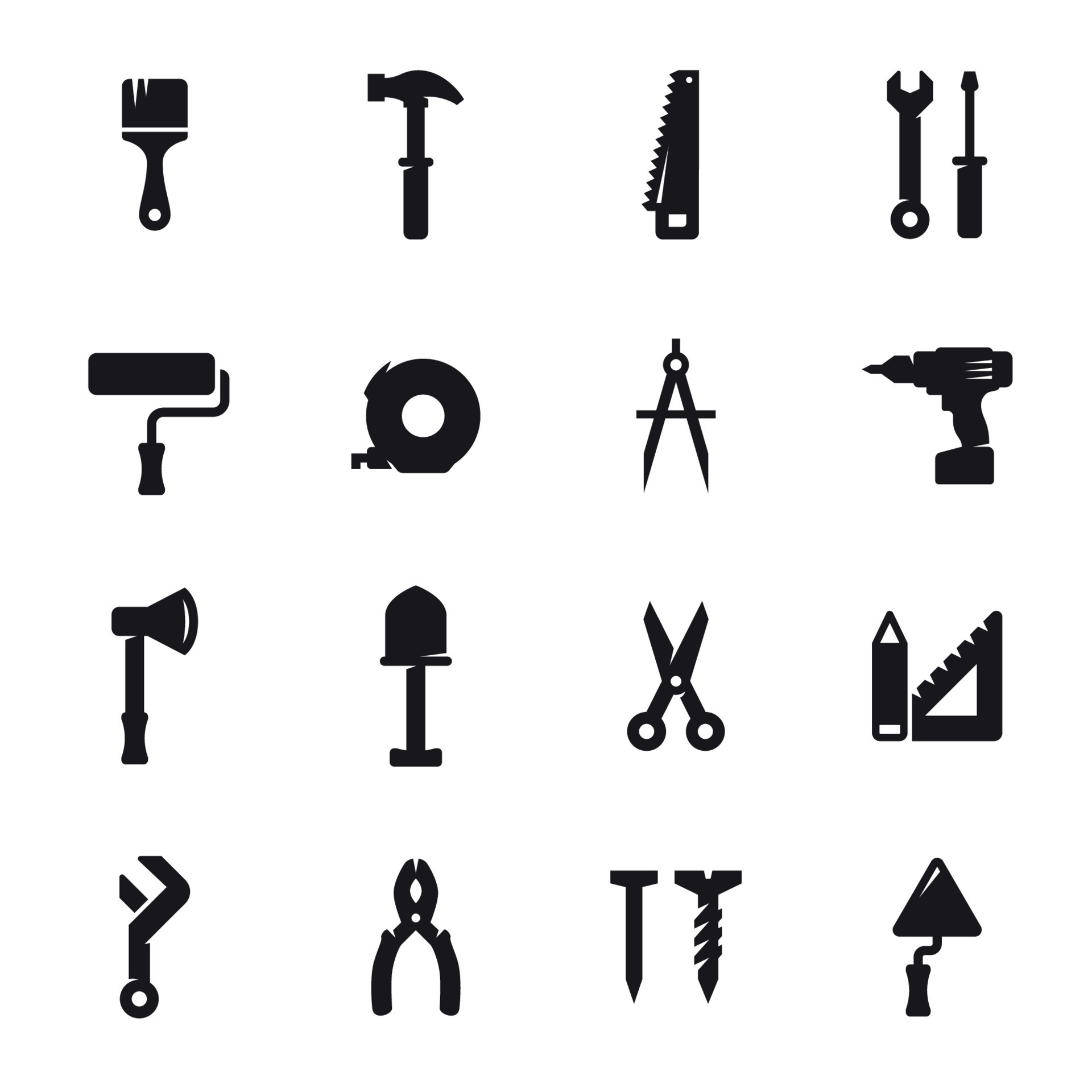 Construction and repair tools, working tools icons. Black on a white