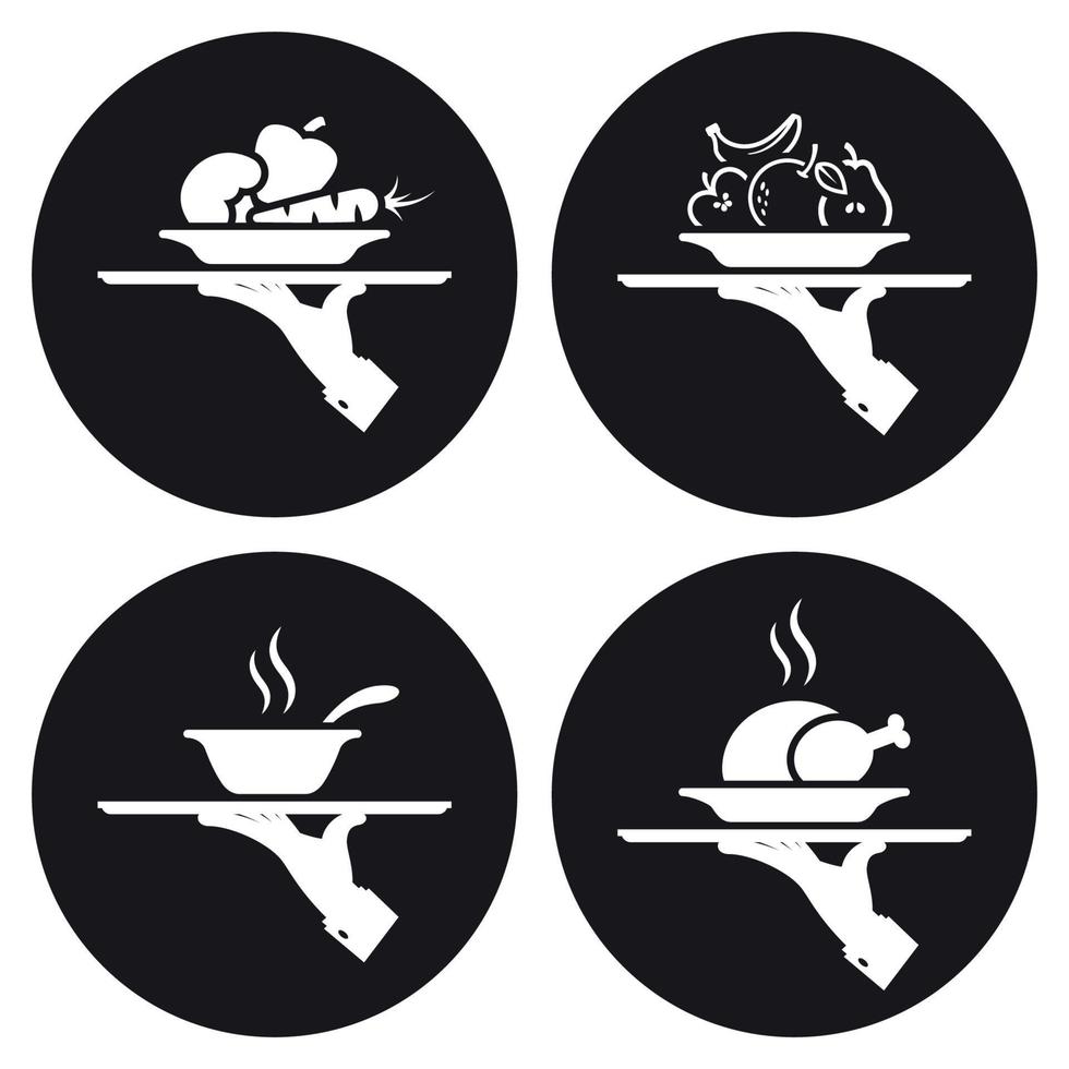 White icons of human hand with a tray on a black background vector