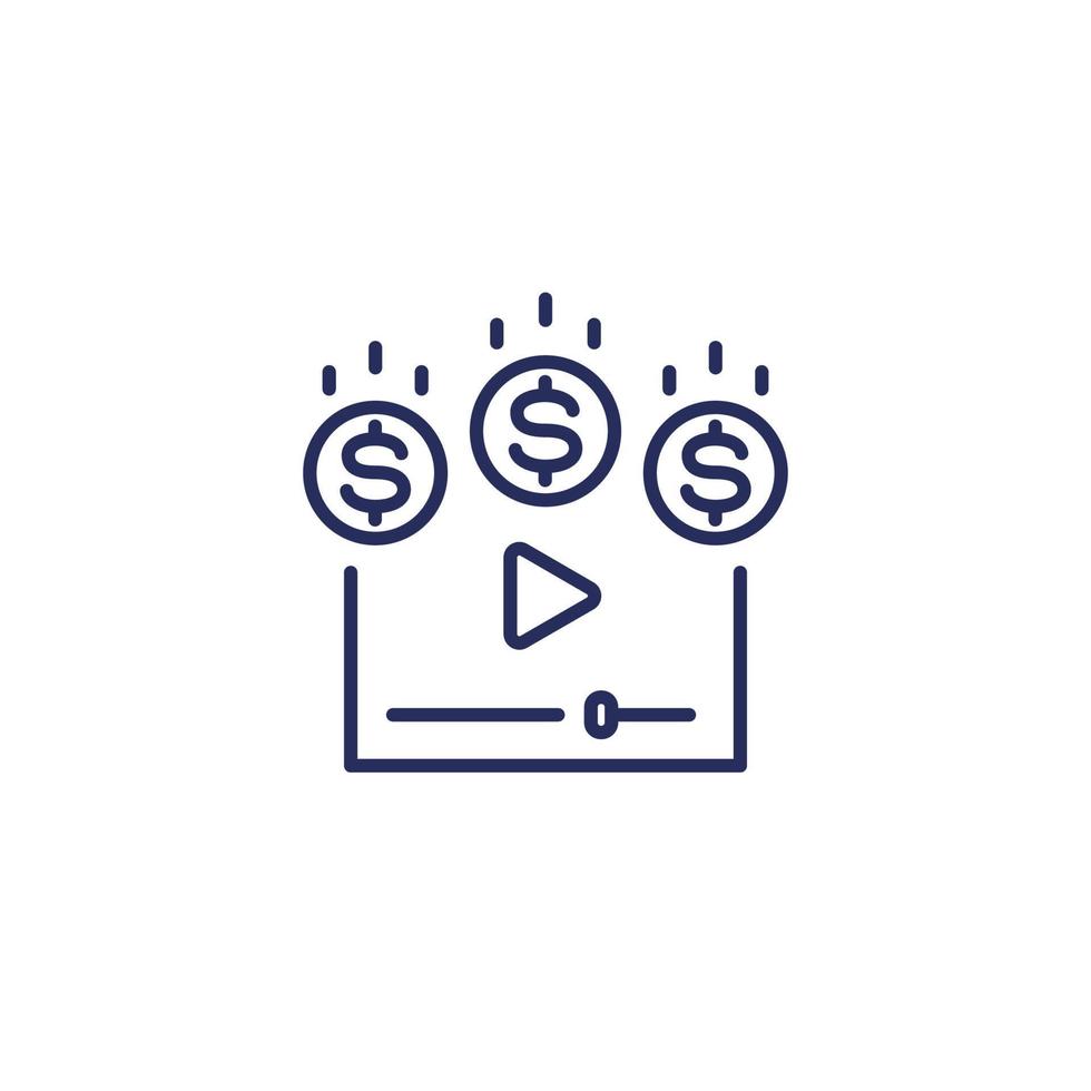 Video monetization, earn money for video content line icon vector