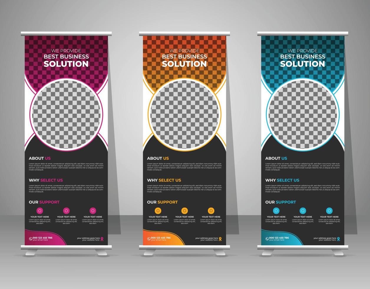 Creative business agency stands roll up banner design stands template layout for exhibition with Three colors. vector