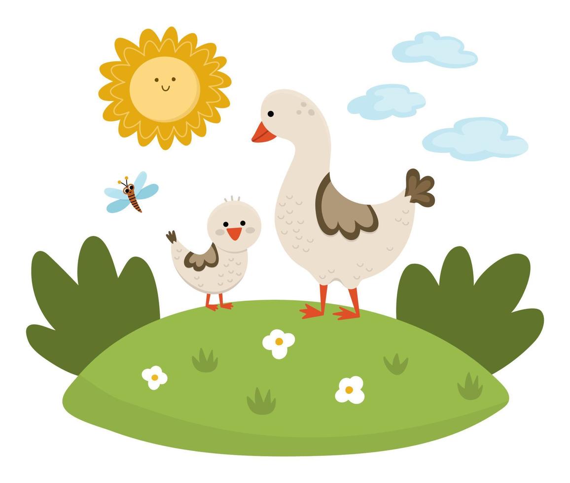 Vector goose with baby gosling on lawn under the sun. Cute cartoon family scene illustration for kids. Farm birds on nature background. Colorful mother and baby animals picture for children