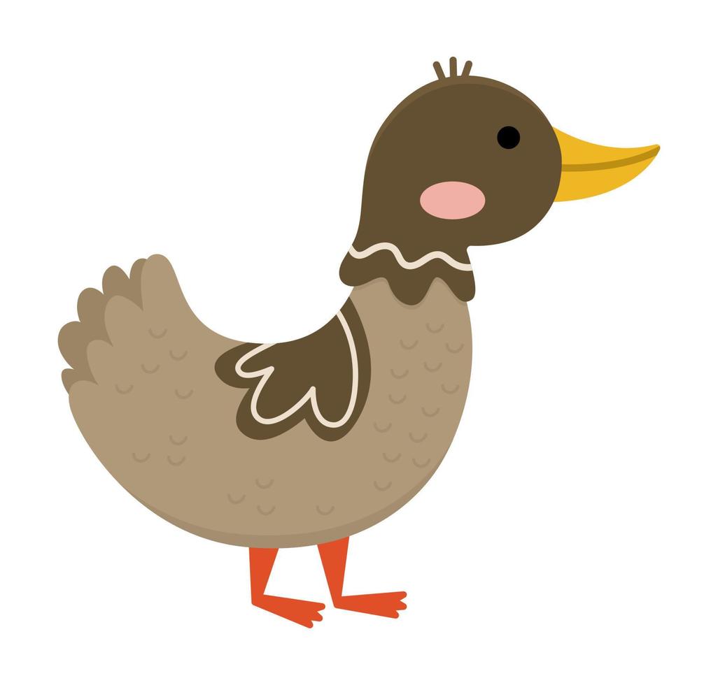 icono de pato vectorial. linda ilustración de dibujos animados para niños. pájaro de granja aislado sobre fondo blanco. imagen de animal plano colorido para niños vector