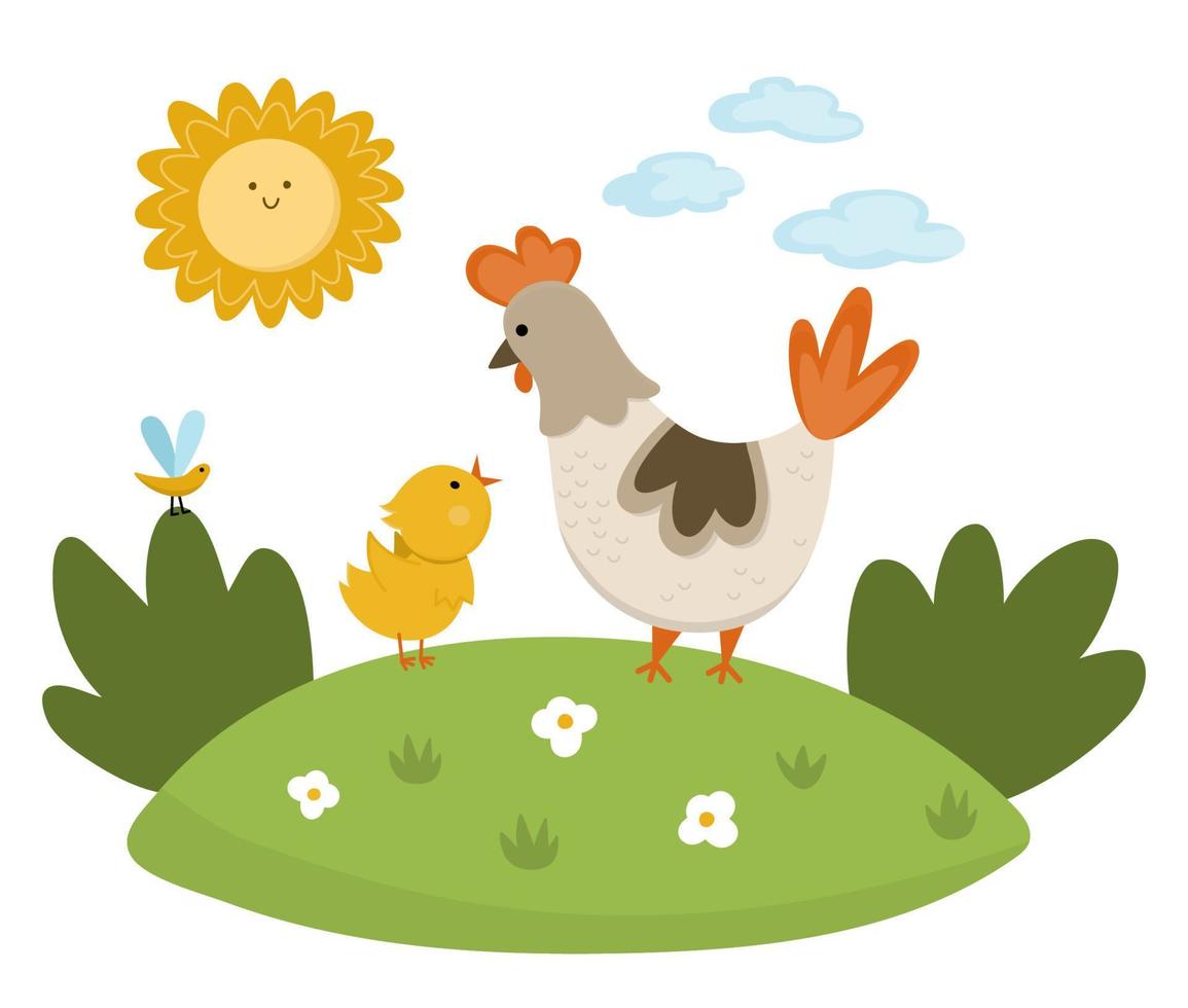 Vector hen with baby chicken on lawn under the sun. Cute cartoon family scene illustration for kids. Farm birds on nature background. Colorful mother and baby animals picture for children