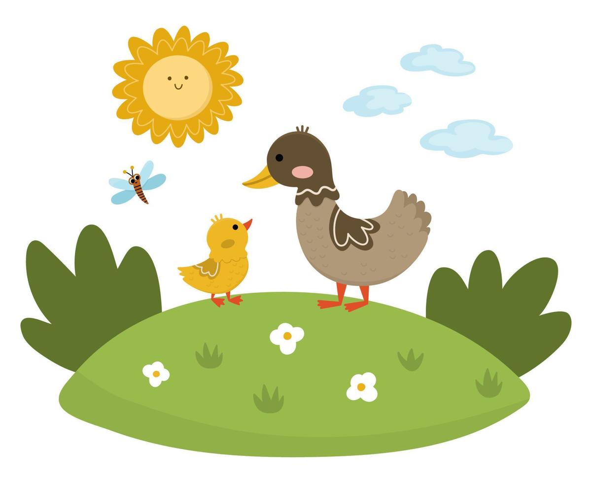 Vector duck with baby duckling on lawn under the sun. Cute cartoon family scene illustration for kids. Farm birds on nature background. Colorful mother and baby animals picture for children