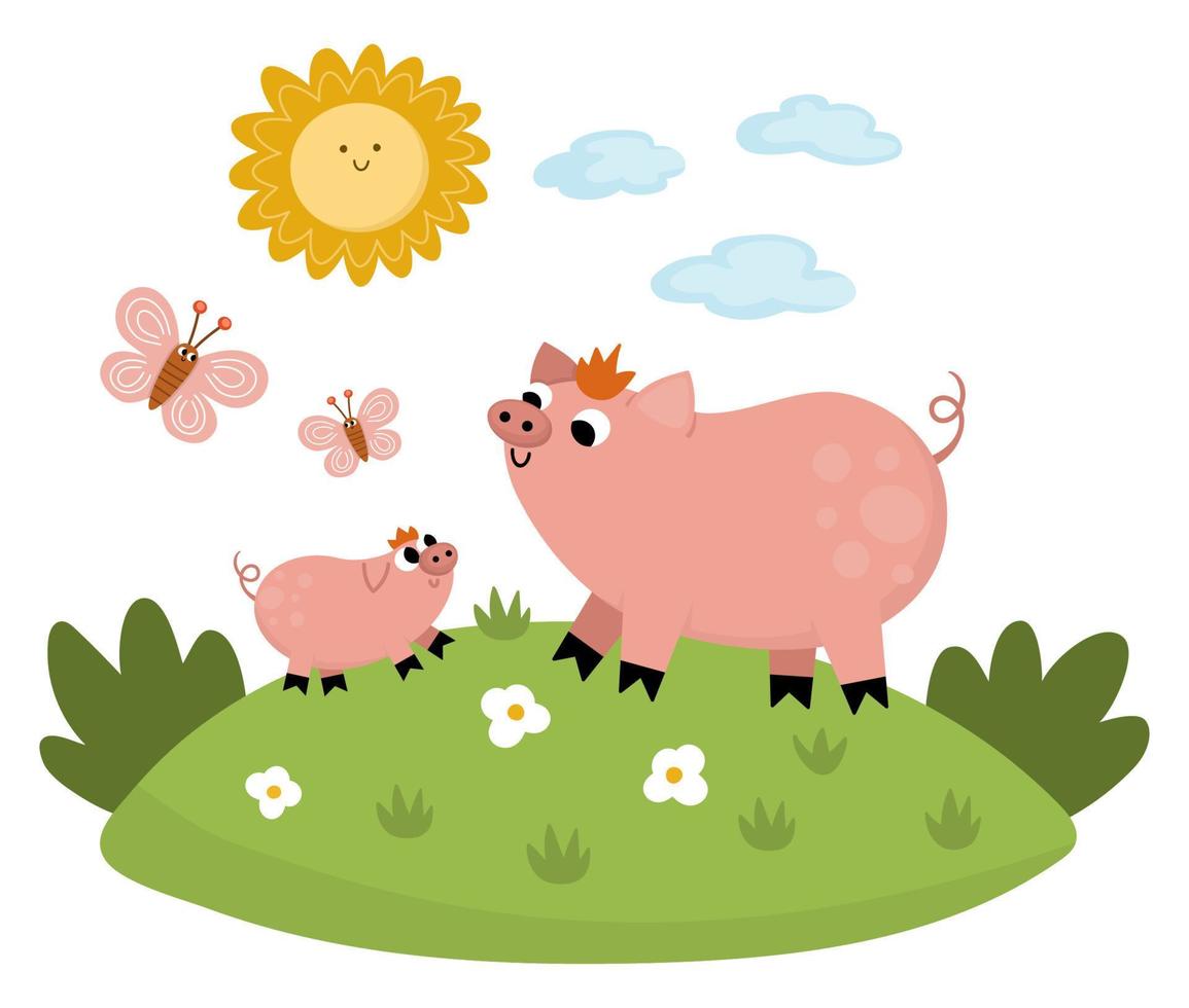 Vector pig with baby on a lawn under the sun. Cute cartoon family scene  illustration for kids. Farm animals on natural background. Colorful flat  mother and baby picture for children 18768702 Vector