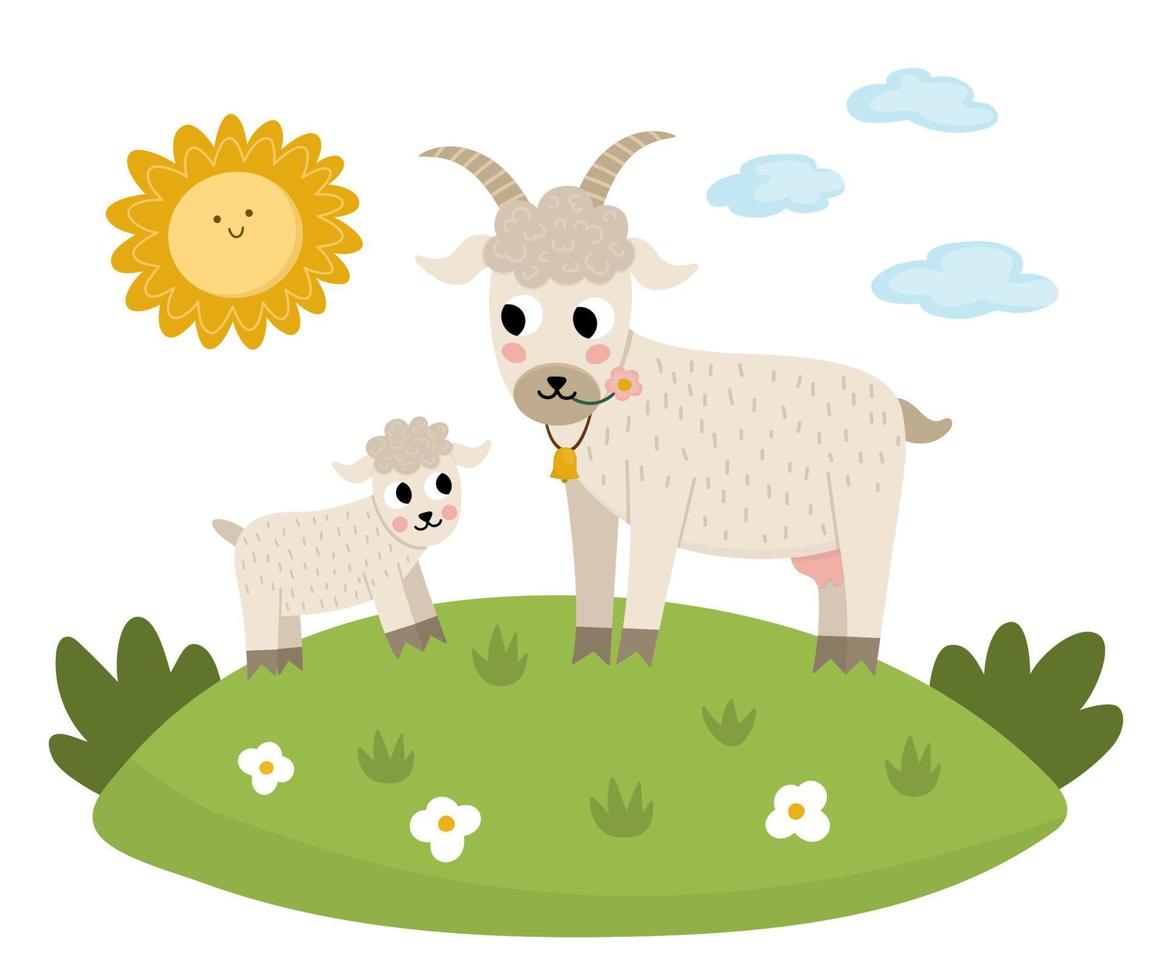 cabra vectorial con bebé en un césped bajo el sol. ilustración de escena familiar de dibujos animados lindo para niños. animales de granja sobre fondo natural. imagen plana colorida de madre y bebé para niños vector