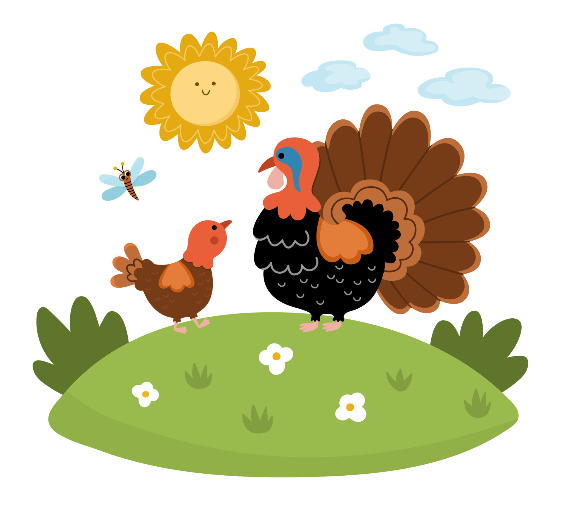 Vector turkey with baby on lawn under the sun. Cute cartoon family scene  illustration for kids. Farm birds on nature background. Colorful mother and  baby animals picture for children 18768718 Vector Art at Vecteezy