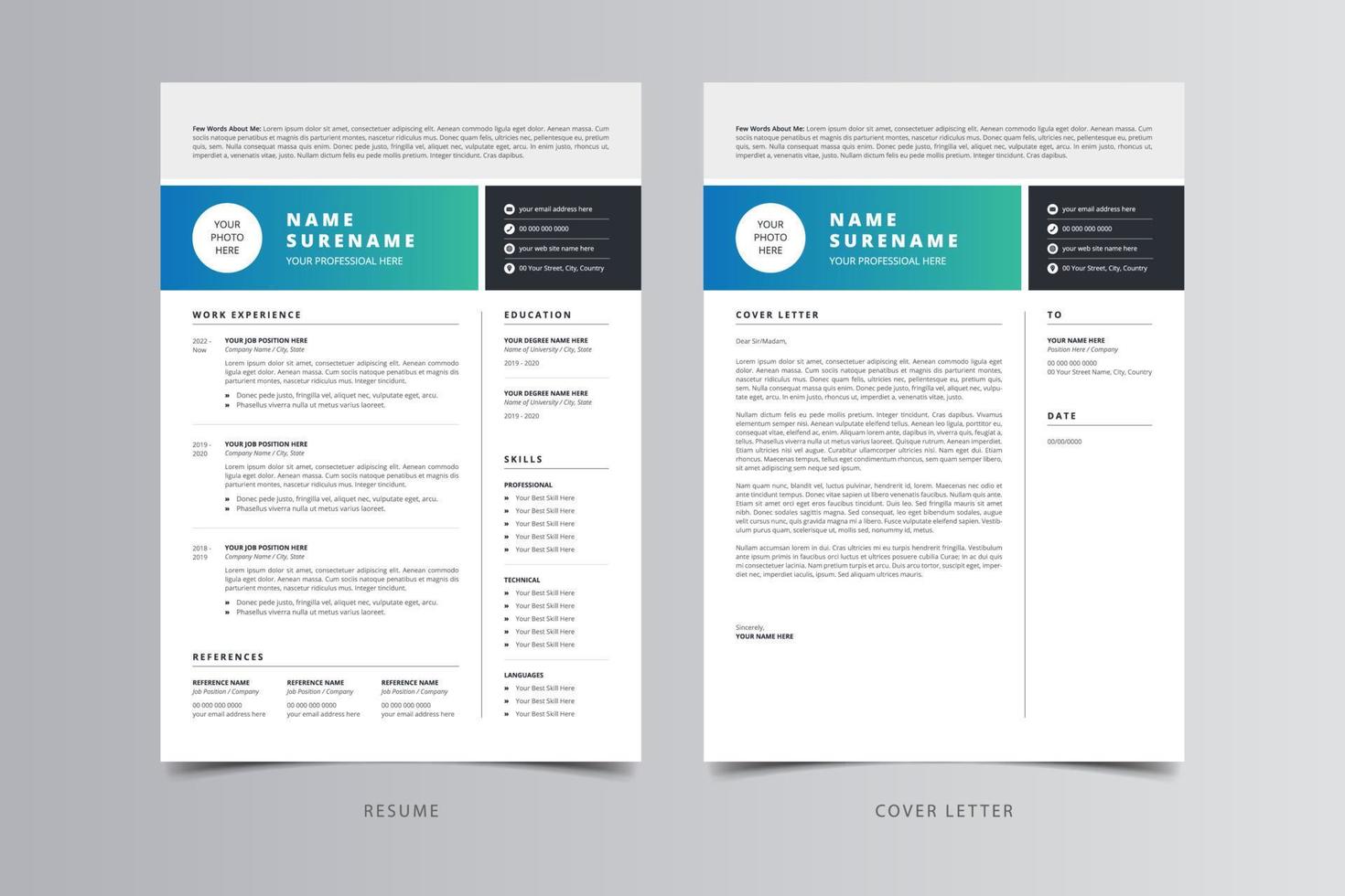 plantilla de currículum, plantilla de currículum moderno profesional, plantilla de cv vector