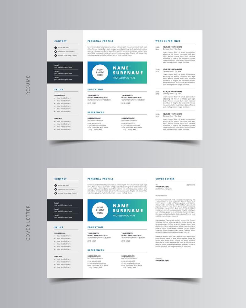 currículum horizontal o cv y plantilla de carta de presentación vector