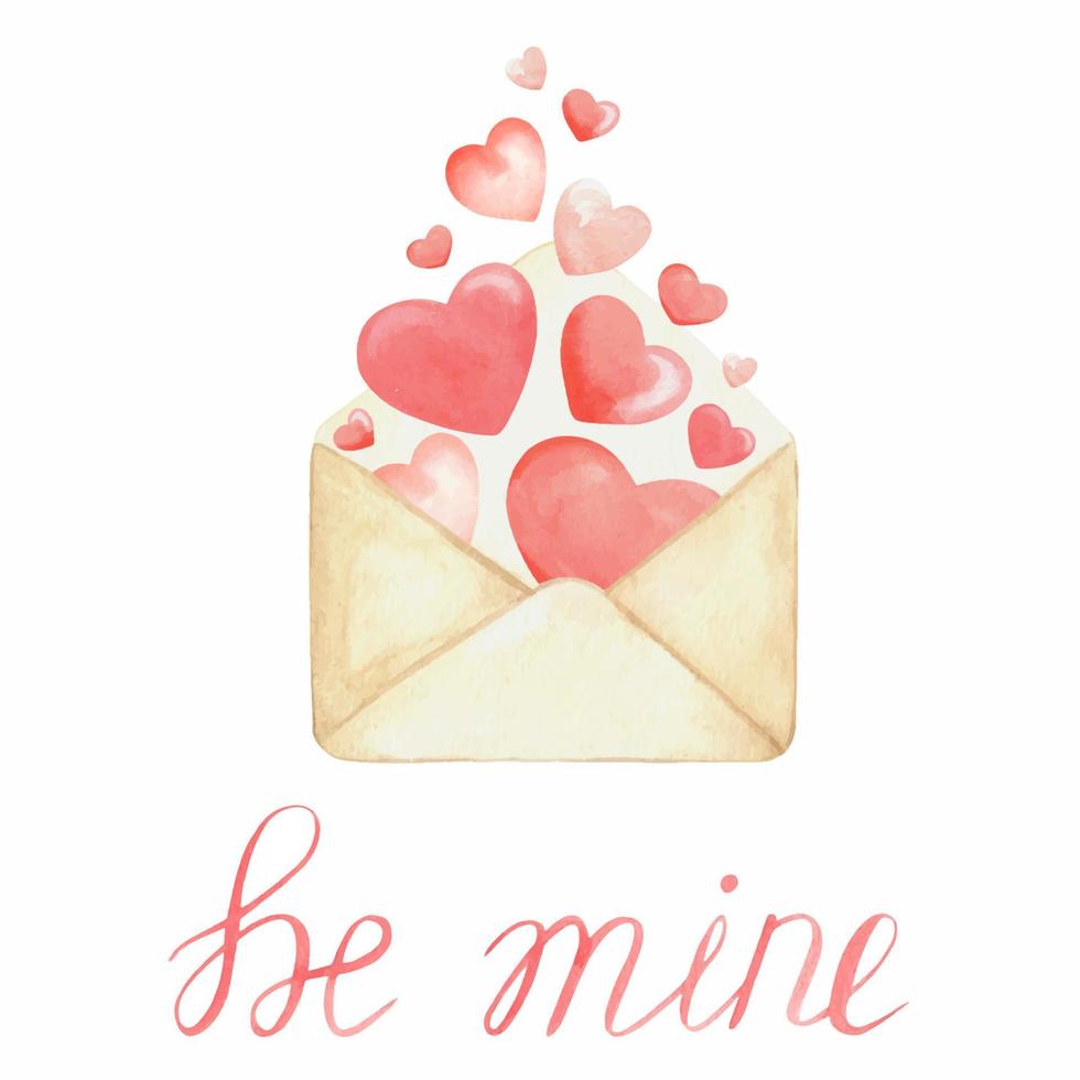 A card for Valentine's Day. Hearts fly out of a paper envelope. Watercolor card for Valentine's Day. Lettering Be mine. square - composition. vector