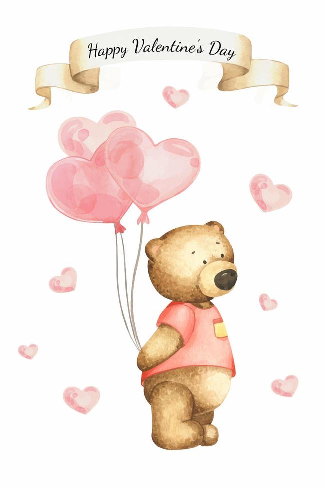 oso de peluche acuarela con globos de aire de corazón rojo. tarjeta para el día de san valentín. postal de acuarela para el día de san valentín. Feliz día de San Valentín vector