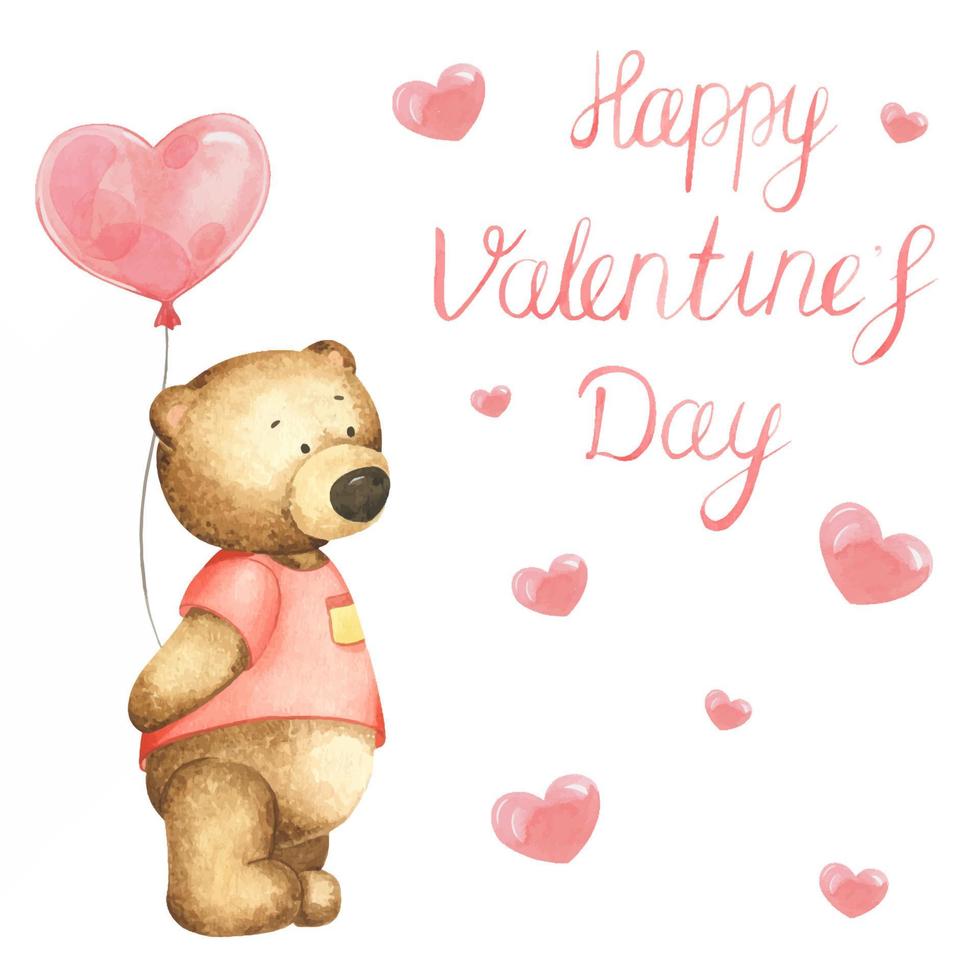 Watercolor teddy bear with red heart air balloon. Card for Valentine's day. Watercolor postcard for Valentine's day. Happy Valentine's day vector