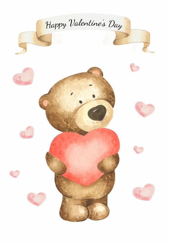 Watercolor teddy bear with red heart. Card for Valentine's day. Watercolor postcard for Valentine's day. Happy Valentine's day vector