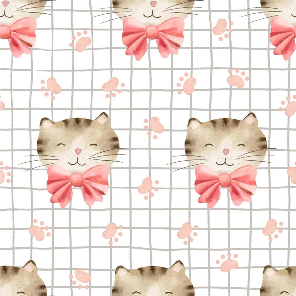 Watercolor seamless pattern with the face of a cute brown cat in a pink bow tie and cat tracks on a checkered background. Background for children's room, textiles, clothing and other design vector