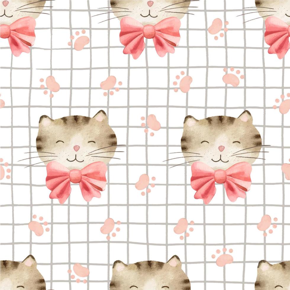 patrón de acuarela sin costuras con la cara de un lindo gato marrón con una corbata de moño rosa y huellas de gato sobre un fondo a cuadros. fondo para la habitación de los niños, textiles, ropa y otros diseños vector