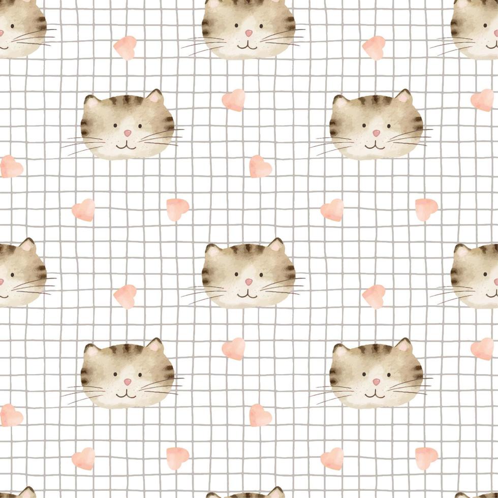 Watercolor seamless pattern with the face of a cute brown cat and heards on a checkered background. Hand-drawn illustration. Background for children's room, textiles, clothing and other design vector