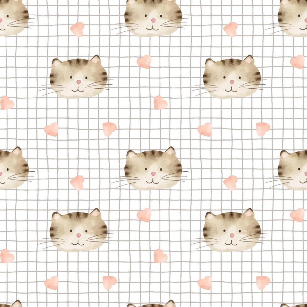 Watercolor seamless pattern with the face of a cute brown cat and heards on a checkered background. Hand-drawn illustration. Background for children's room, textiles, clothing and other design vector