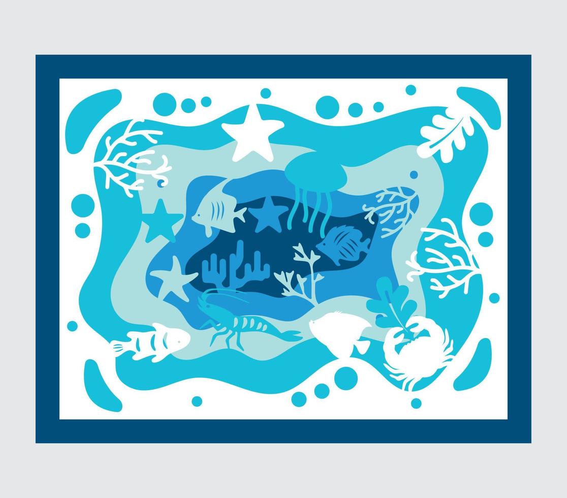 3d Underwater sea Shadow Box laser cut, vector