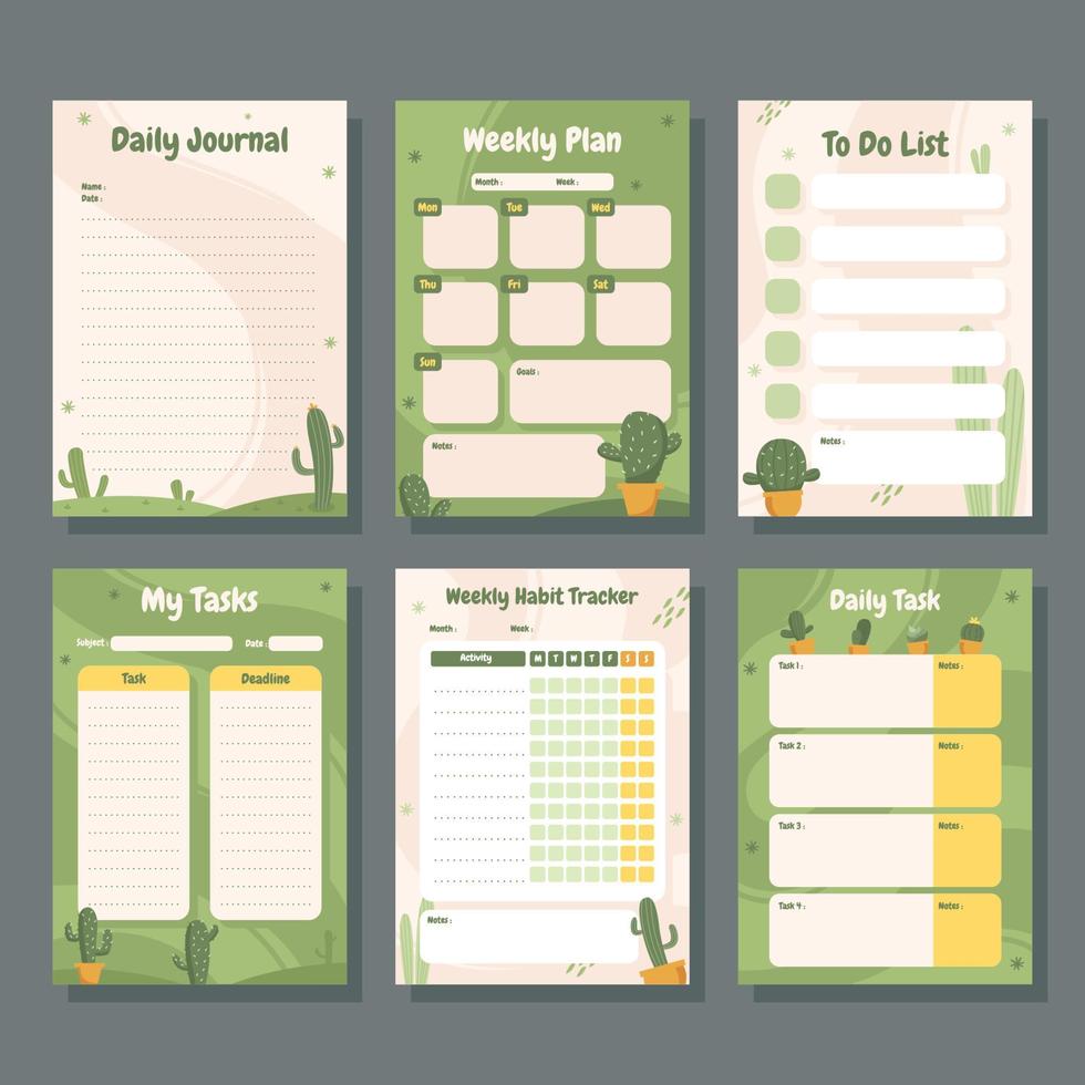 Succulents Theme Journal Pages Templates vector